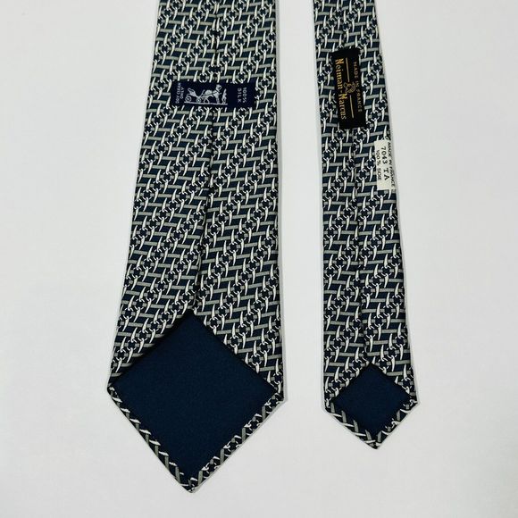 HERMES Tie Necktie Silk Handmade Tusk Chain Link Pattern 7043Dark Blue Beige - Picture 3 of 6